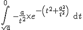 3$\Bigint_{\sqrt{a}}^0 \, -\fr{a}{t^2}\times e^{-\(t^2+\fr{a^2}{t^2}\)} \, \text{d}t